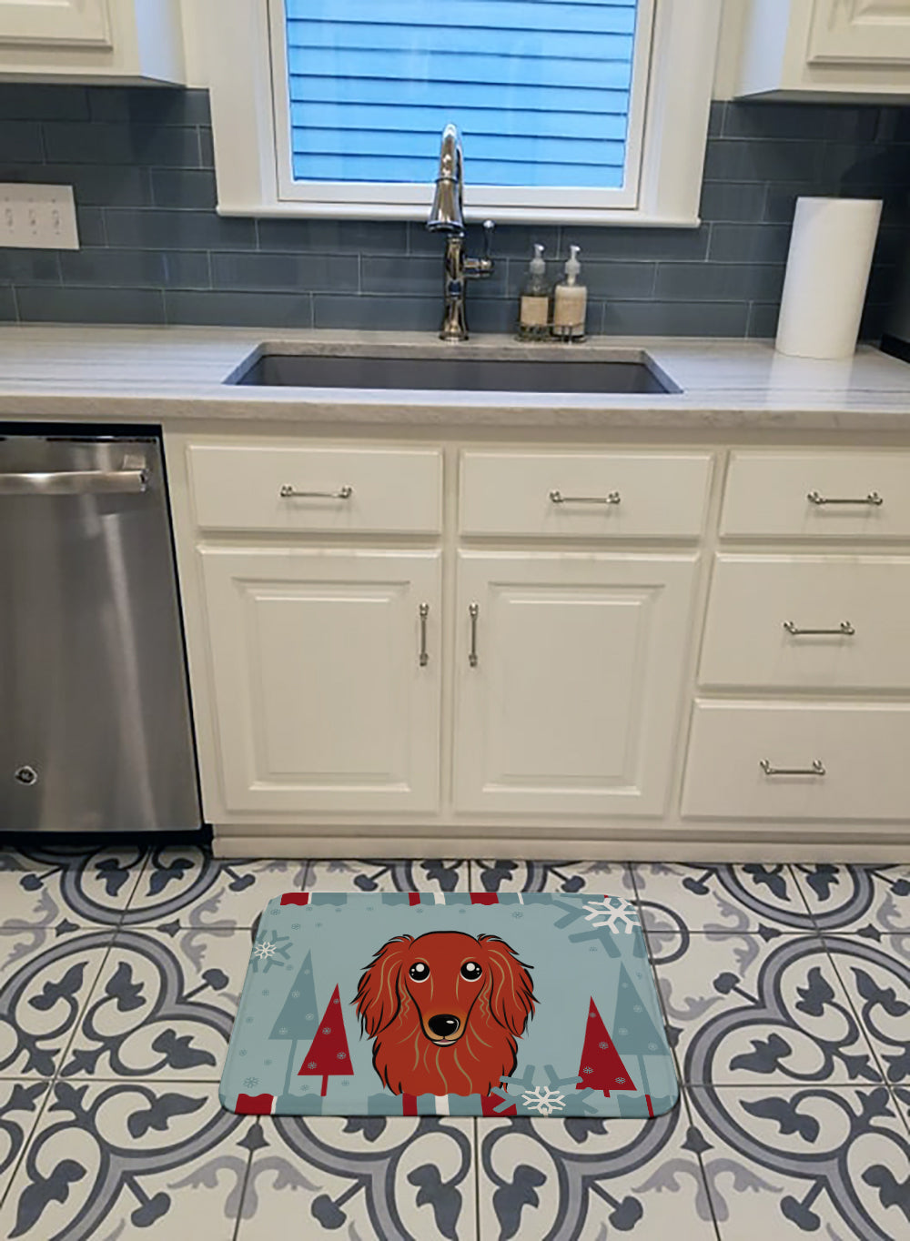 Winter Holiday Longhair Red Dachshund Machine Washable Memory Foam Mat BB1710RUG - the-store.com