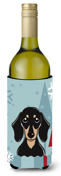 Winter Holiday Smooth Black and Tan Dachshund Wine Bottle Beverage Insulator Hugger BB1711LITERK by Caroline's Treasures