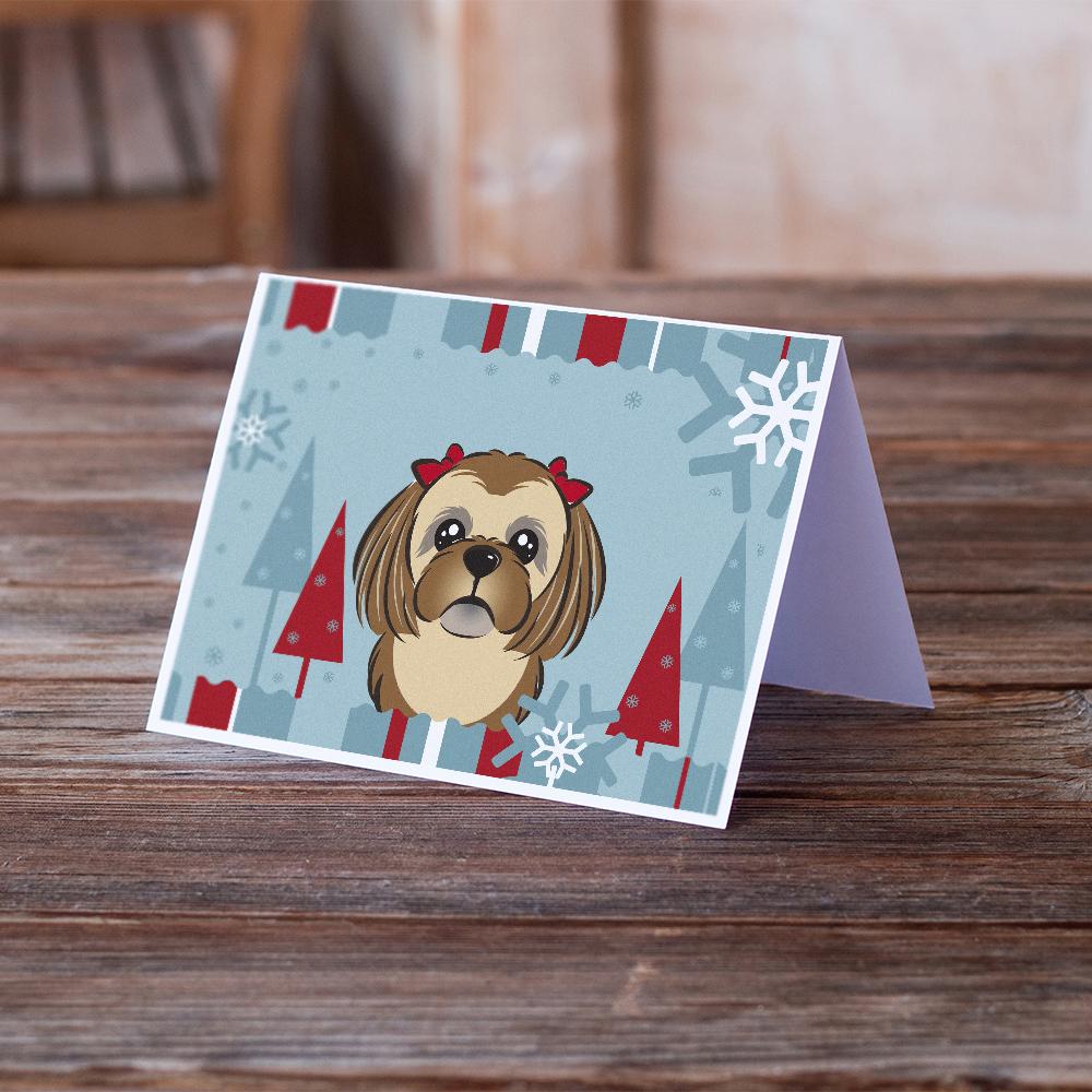 Winter Holiday Chocolate Brown Shih Tzu Greeting Cards and Envelopes Pack of 8 - the-store.com