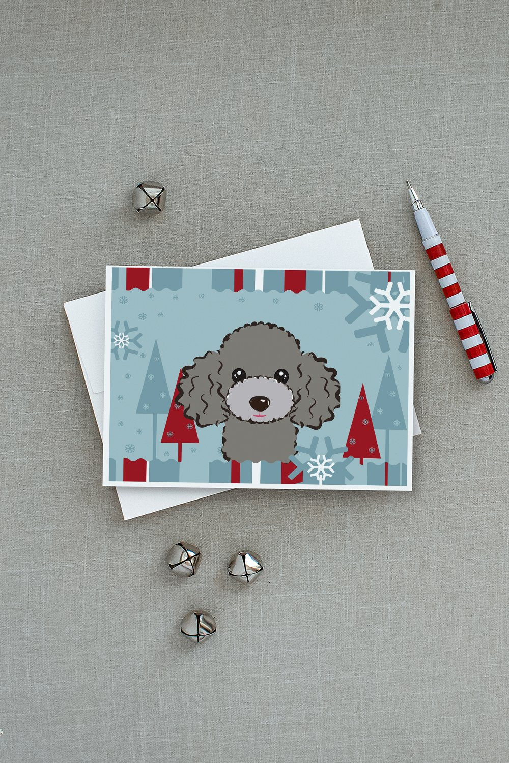 Winter Holiday Silver Gray Poodle Greeting Cards and Envelopes Pack of 8 - the-store.com