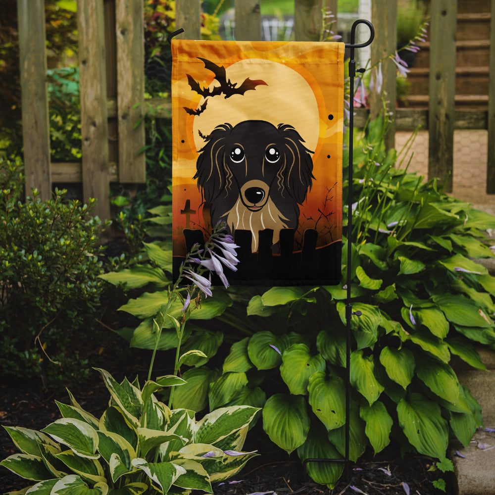 Halloween Longhair Black and Tan Dachshund Flag Garden Size BB1771GF