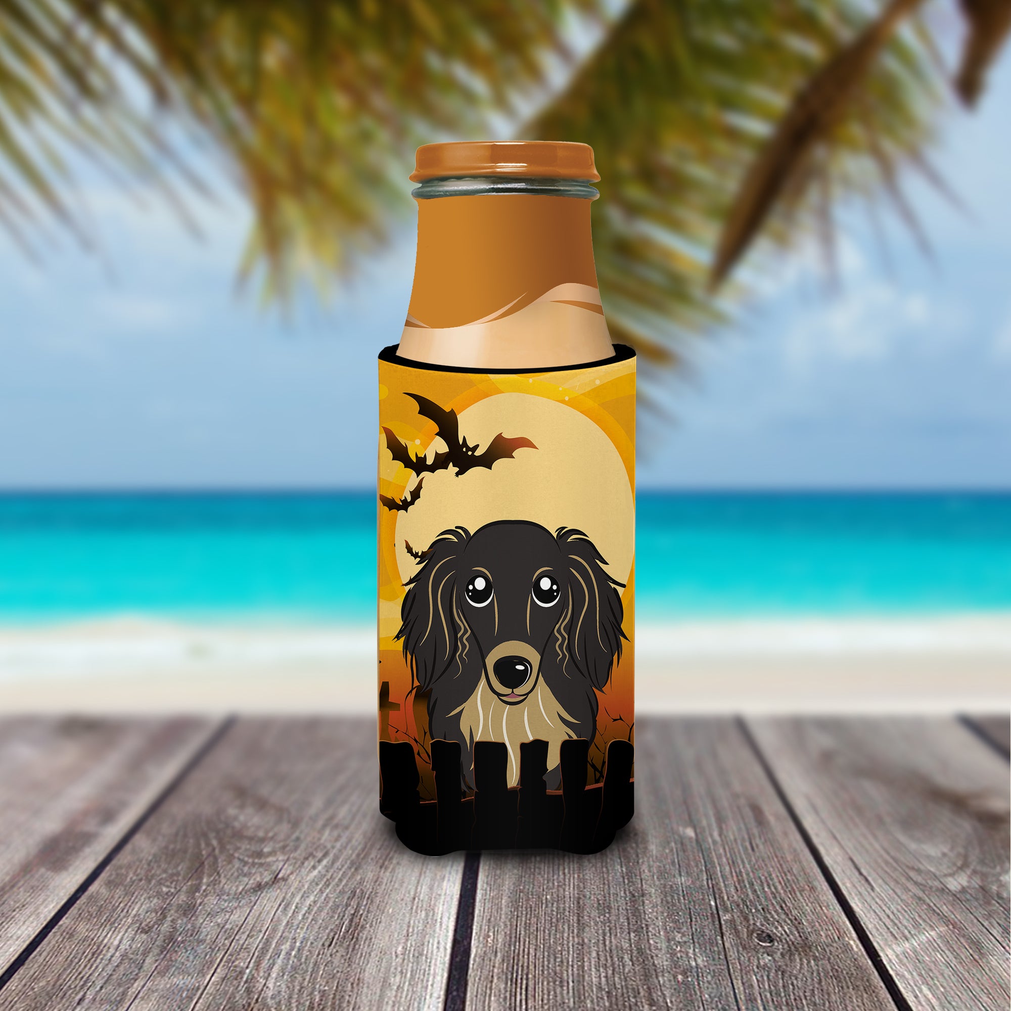 Halloween Longhair Black and Tan Dachshund Ultra Beverage Insulators for slim cans BB1771MUK
