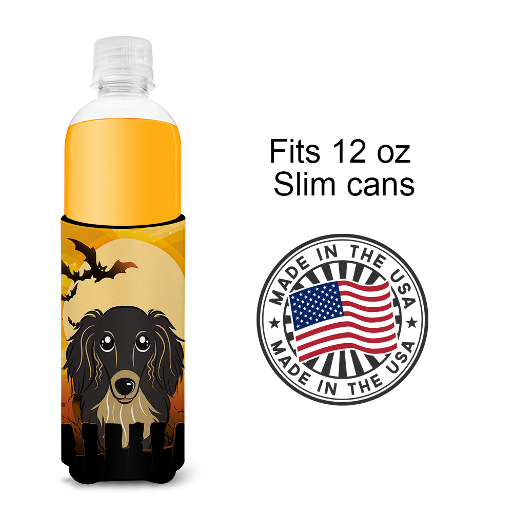 Halloween Longhair Black and Tan Dachshund Ultra Beverage Insulators for slim cans BB1771MUK