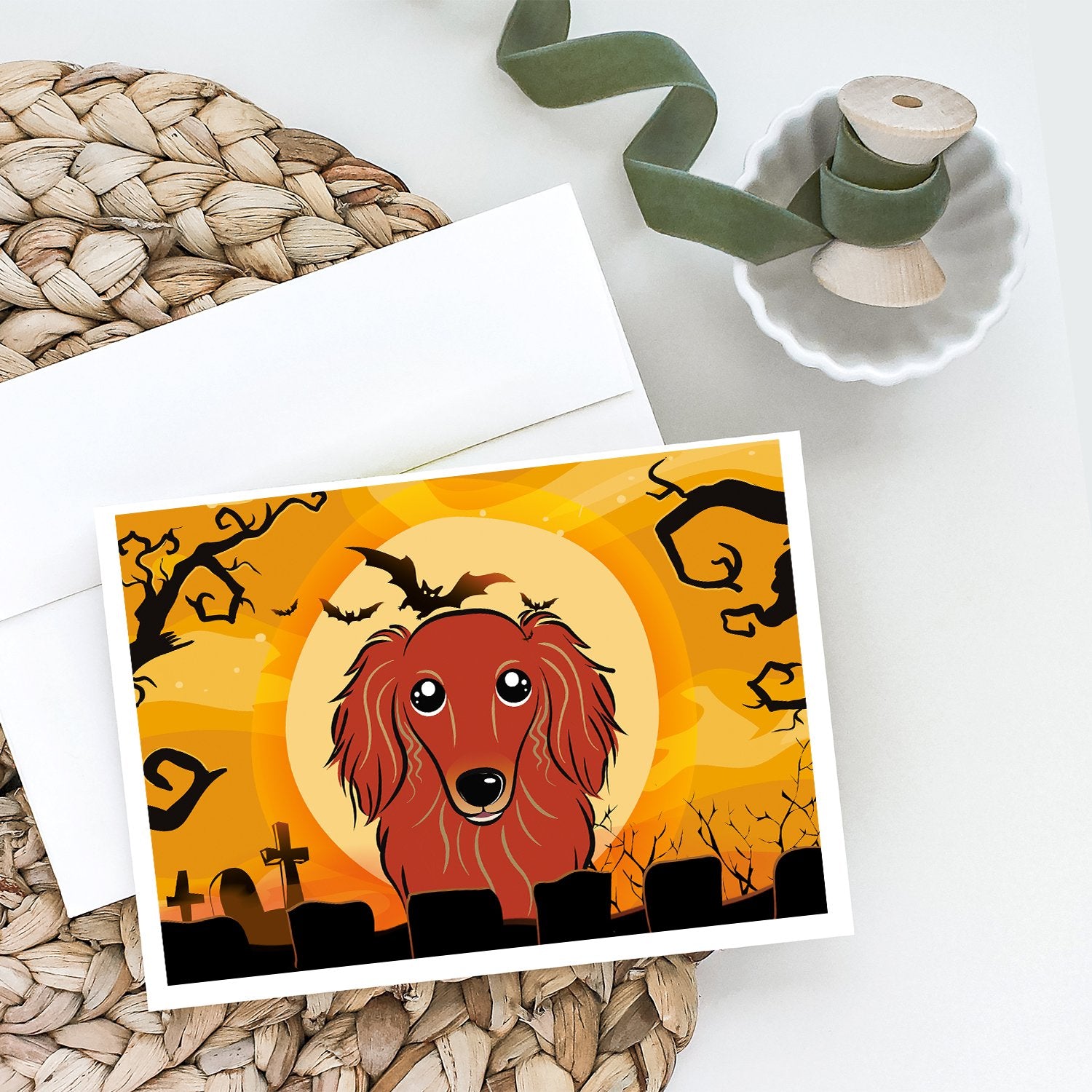 Halloween Longhair Red Dachshund Greeting Cards and Envelopes Pack of 8 - the-store.com