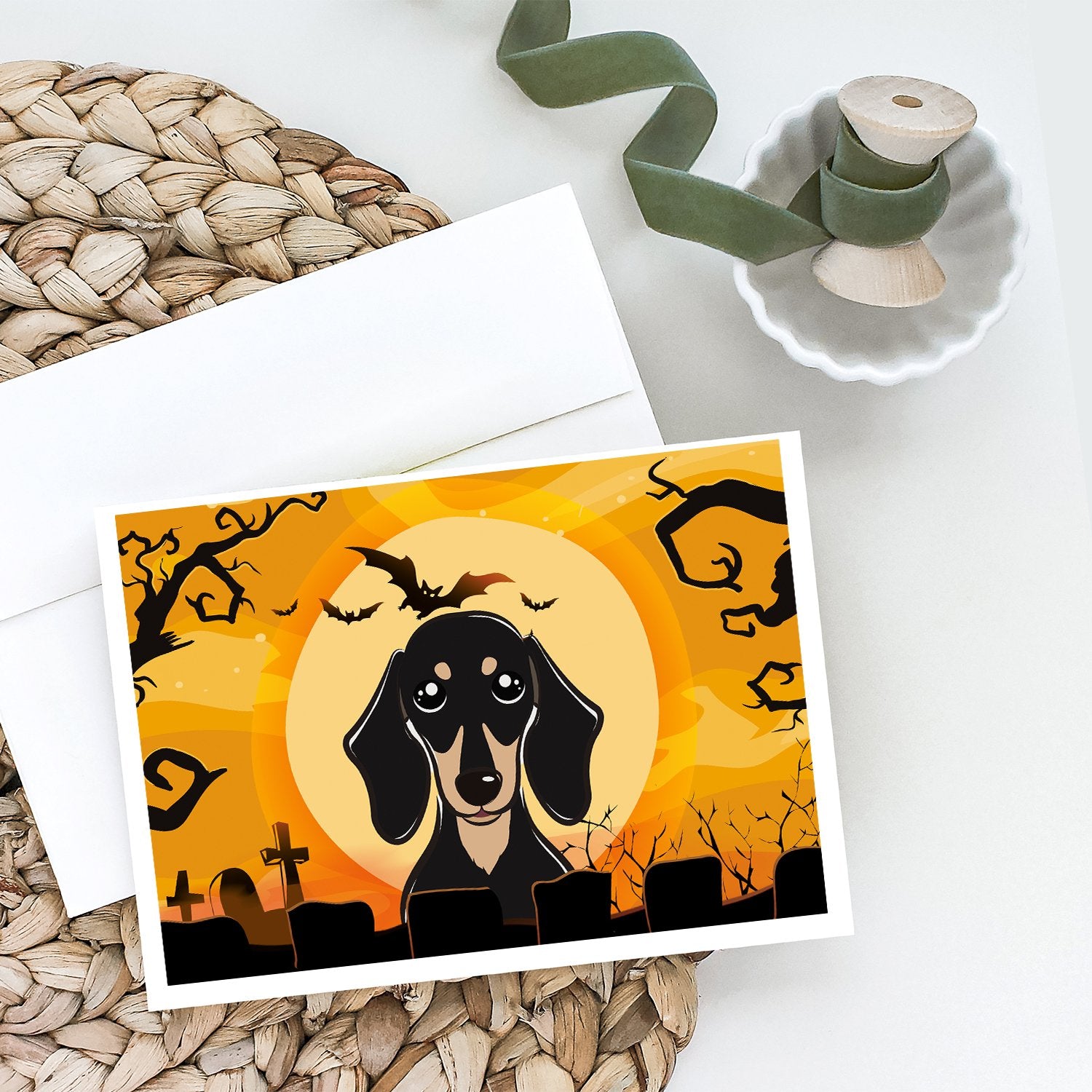 Halloween Smooth Black and Tan Dachshund Greeting Cards and Envelopes Pack of 8 - the-store.com