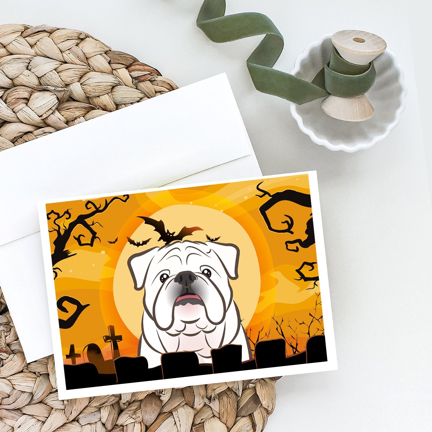 Halloween White English Bulldog  Greeting Cards and Envelopes Pack of 8 - the-store.com