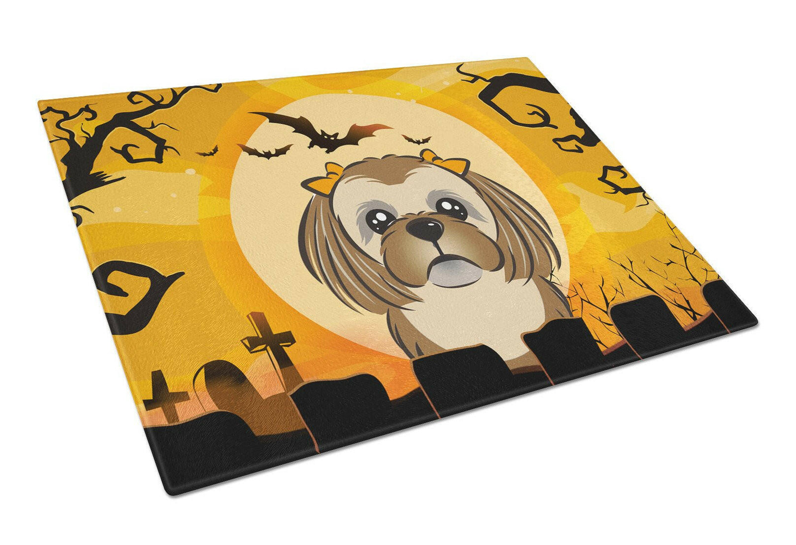 Caroline's Treasures Halloween Chocolate Brown Shih Tzu Glass Cutting Boards – Durable, Decorative Kitchen Art Large BB1807LCB
