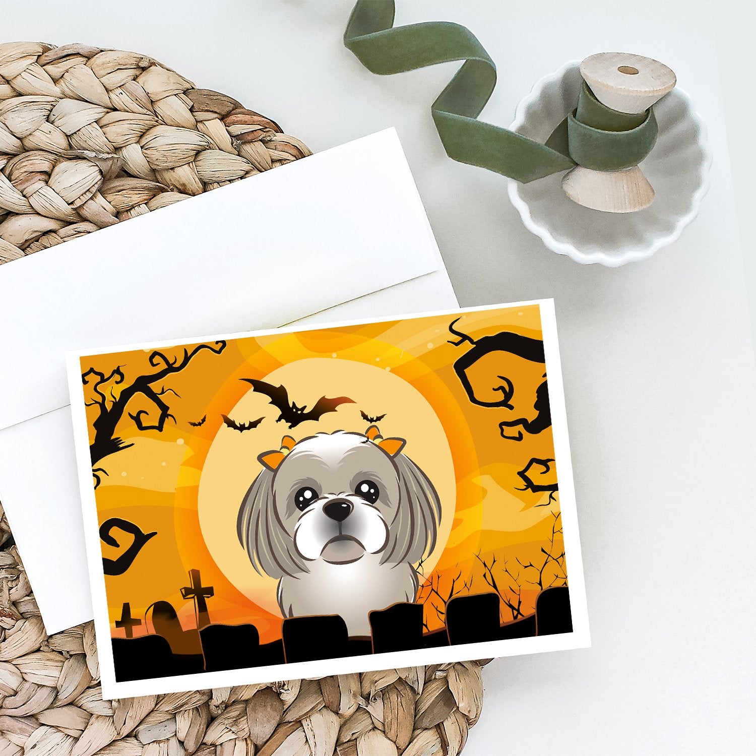 Halloween Gray Silver Shih Tzu Greeting Cards and Envelopes Pack of 8 - the-store.com