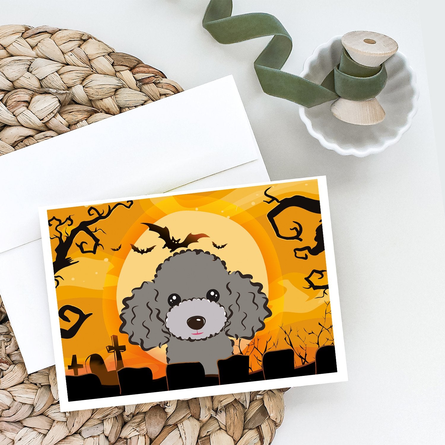 Halloween Silver Gray Poodle Greeting Cards and Envelopes Pack of 8 - the-store.com