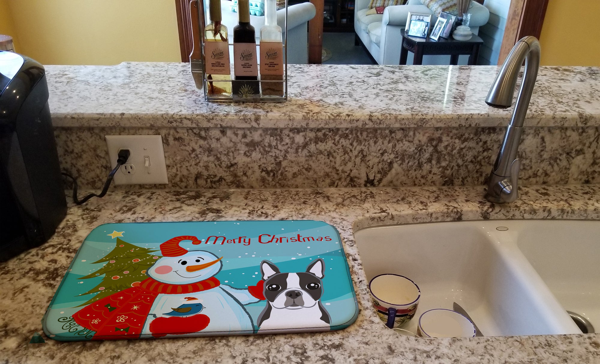 Snowman with Boston Terrier Dish Drying Mat BB1823DDM  the-store.com.