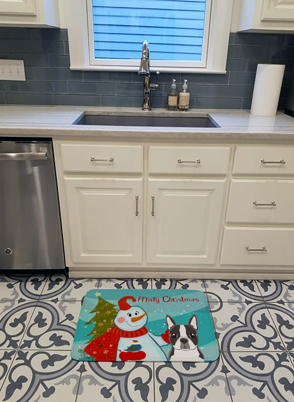 Snowman with Boston Terrier Machine Washable Memory Foam Mat BB1823RUG - the-store.com