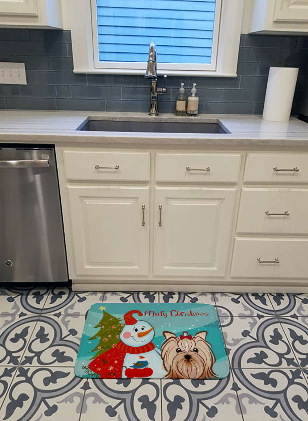 Snowman with Yorkie Yorkishire Terrier Machine Washable Memory Foam Mat BB1824RUG - the-store.com