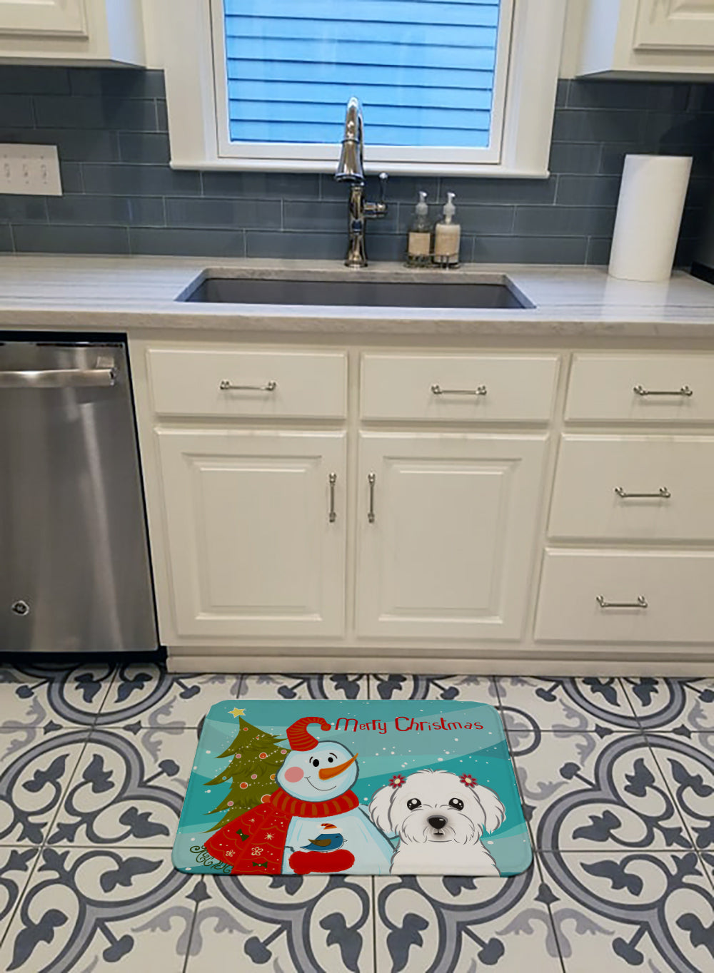 Snowman with Maltese Machine Washable Memory Foam Mat BB1828RUG - the-store.com