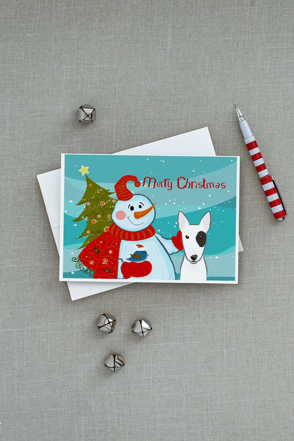 Snowman with Bull Terrier Greeting Cards and Envelopes Pack of 8 - the-store.com