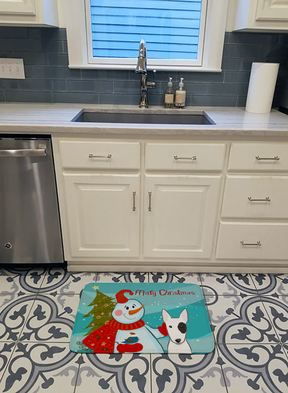 Snowman with Bull Terrier Machine Washable Memory Foam Mat BB1829RUG - the-store.com