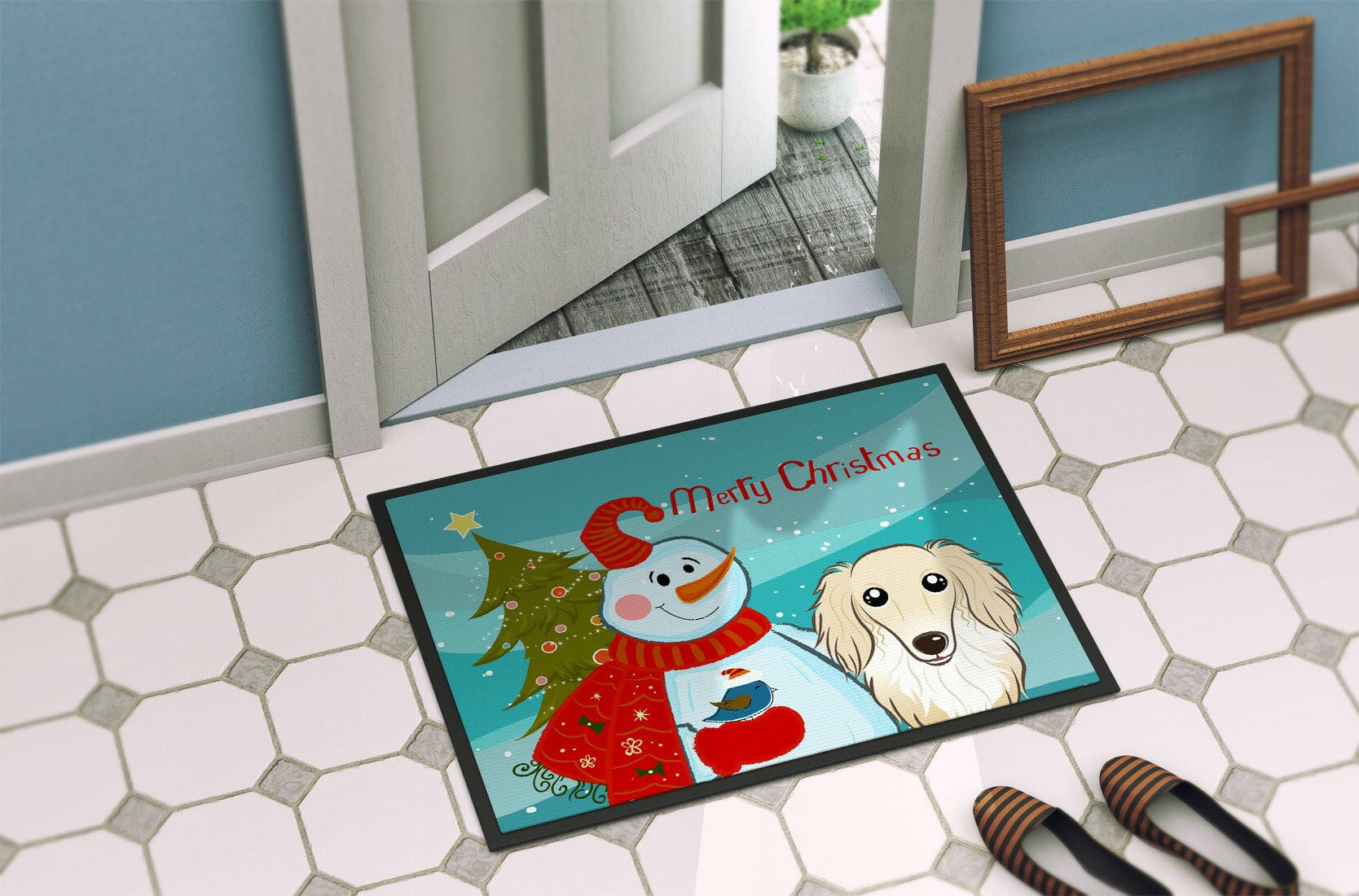 Snowman with Longhair Creme Dachshund Indoor or Outdoor Mat 24x36 BB1832JMAT - the-store.com