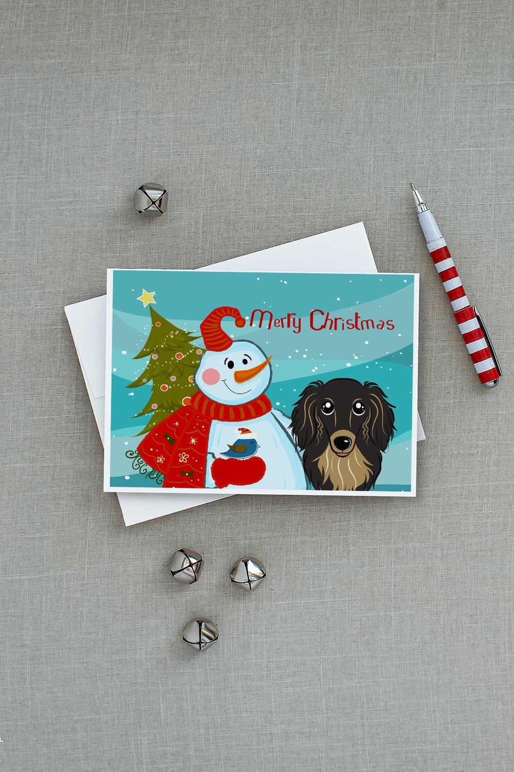 Snowman with Longhair Black and Tan Dachshund Greeting Cards and Envelopes Pack of 8 - the-store.com