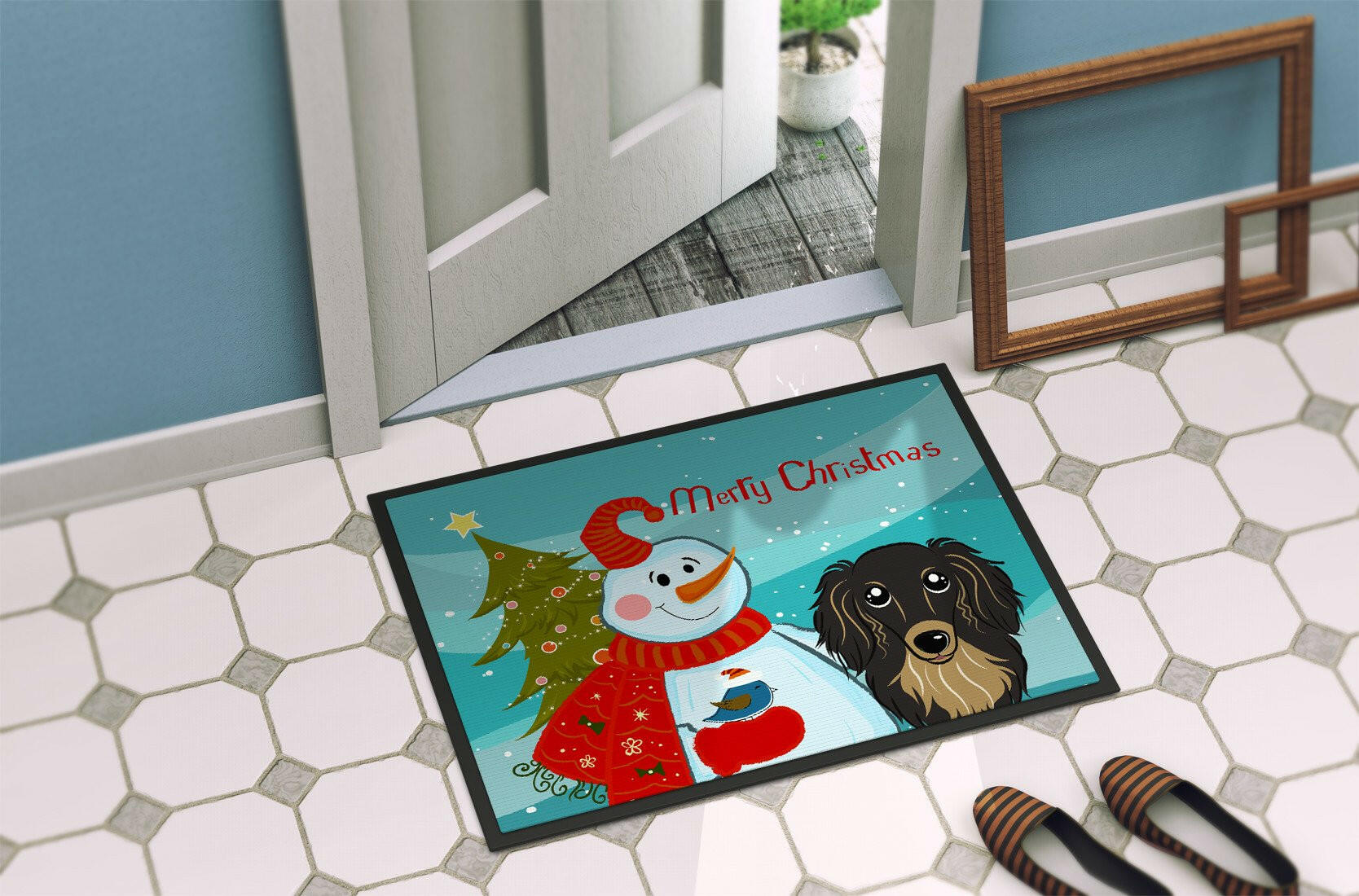 Snowman with Longhair Black and Tan Dachshund Indoor or Outdoor Mat 24x36 BB1833JMAT - the-store.com