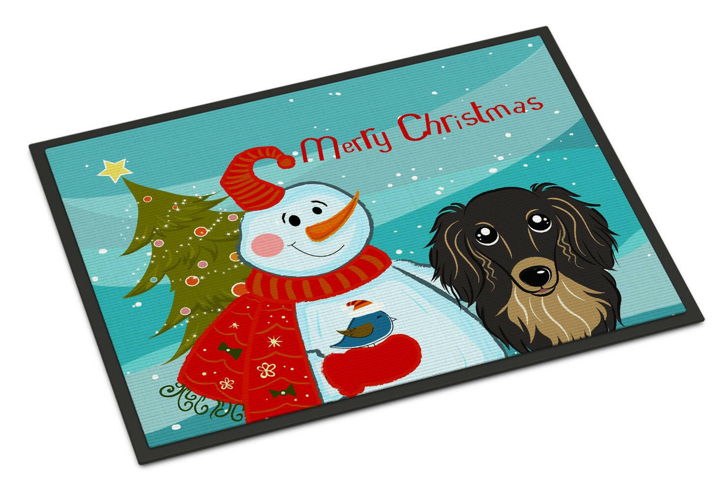 Snowman with Longhair Black and Tan Dachshund Indoor or Outdoor Mat 18x27 BB1833MAT - the-store.com