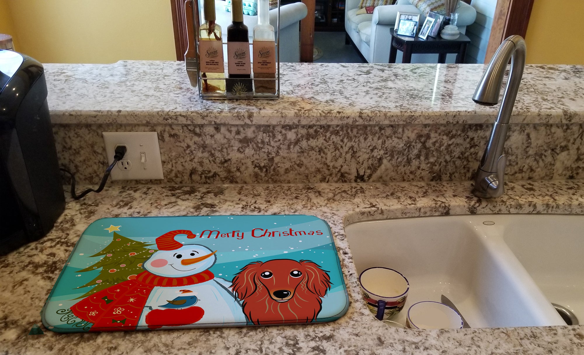 Snowman with Longhair Red Dachshund Dish Drying Mat BB1834DDM  the-store.com.