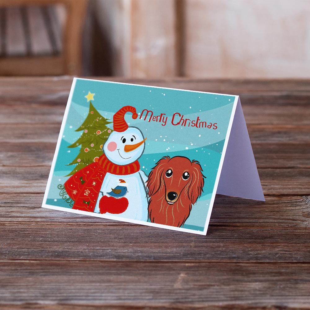 Snowman with Longhair Red Dachshund Greeting Cards and Envelopes Pack of 8 - the-store.com