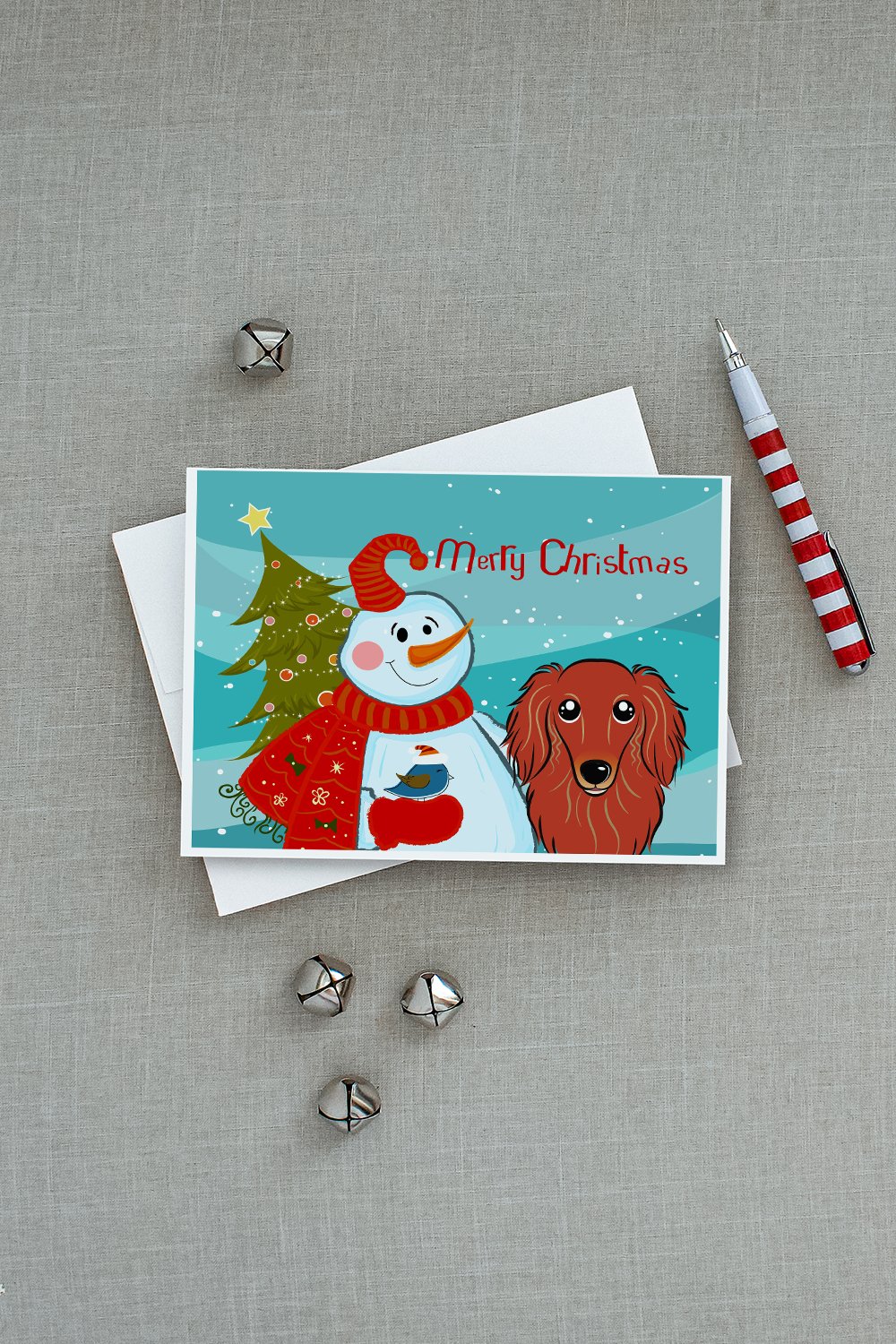 Snowman with Longhair Red Dachshund Greeting Cards and Envelopes Pack of 8 - the-store.com