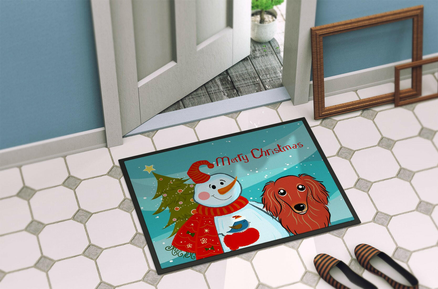 Snowman with Longhair Red Dachshund Indoor or Outdoor Mat 24x36 BB1834JMAT - the-store.com