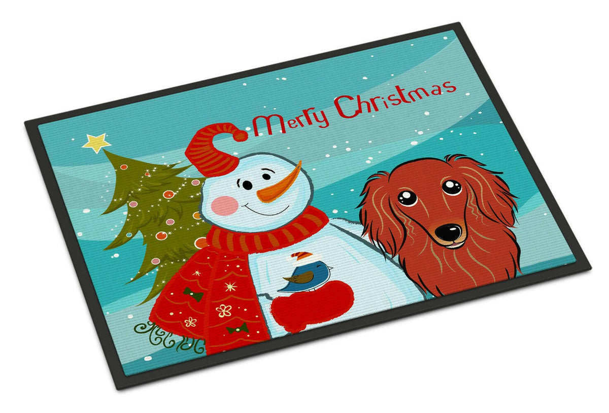 Snowman with Longhair Red Dachshund Indoor or Outdoor Mat 18x27 BB1834MAT - the-store.com