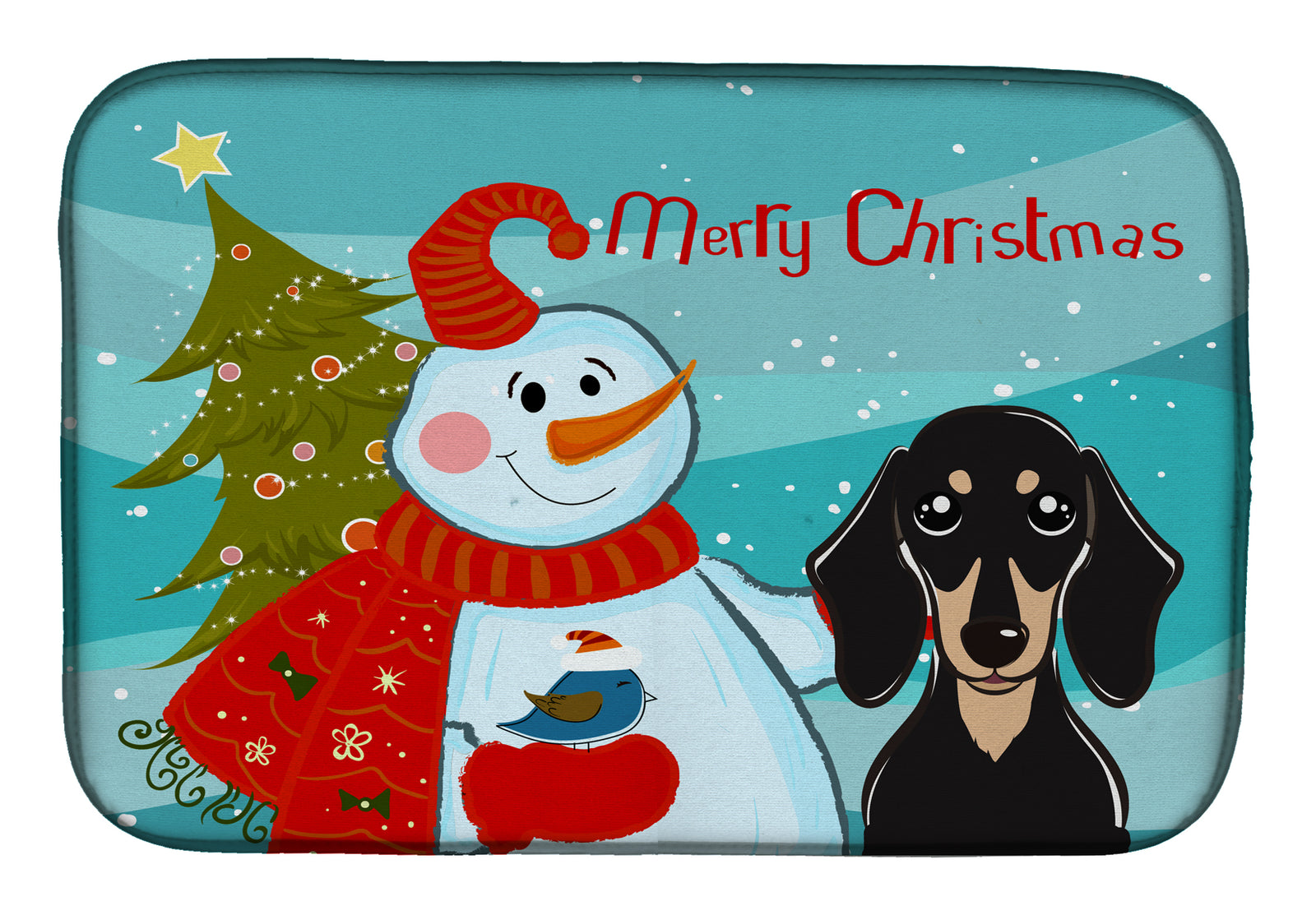 Snowman with Smooth Black and Tan Dachshund Dish Drying Mat BB1835DDM  the-store.com.