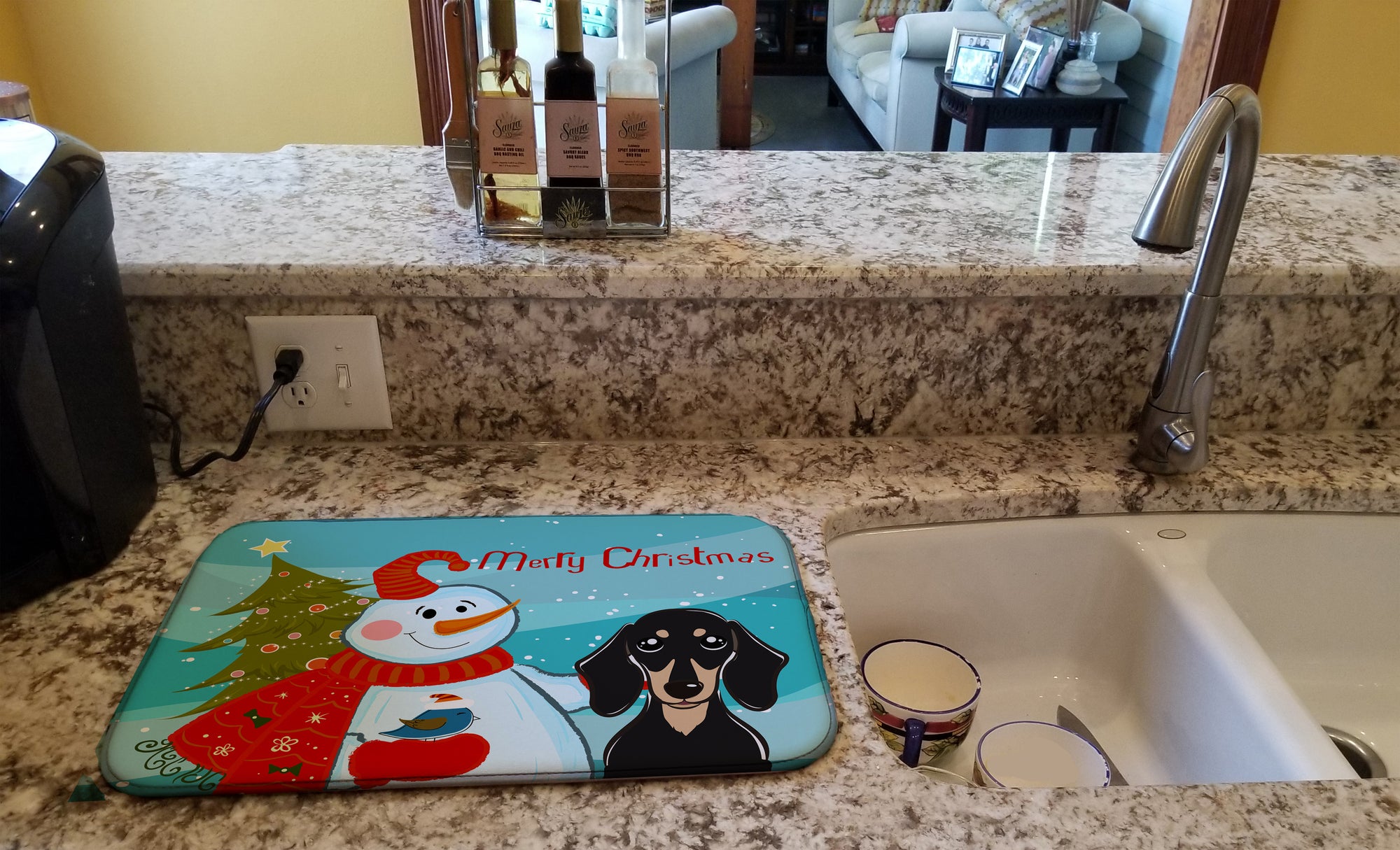 Snowman with Smooth Black and Tan Dachshund Dish Drying Mat BB1835DDM  the-store.com.