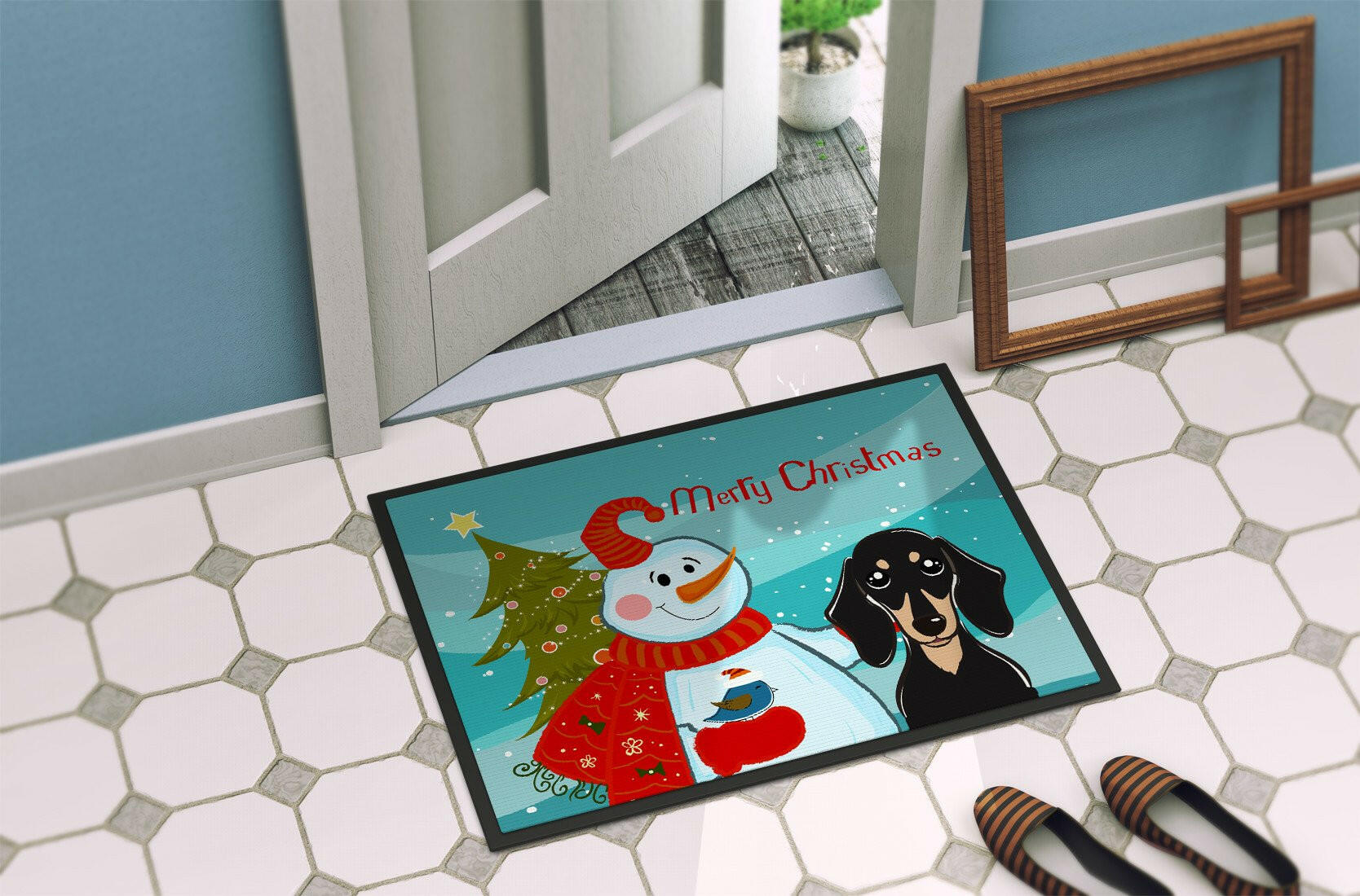 Snowman with Smooth Black and Tan Dachshund Indoor or Outdoor Mat 24x36 BB1835JMAT - the-store.com