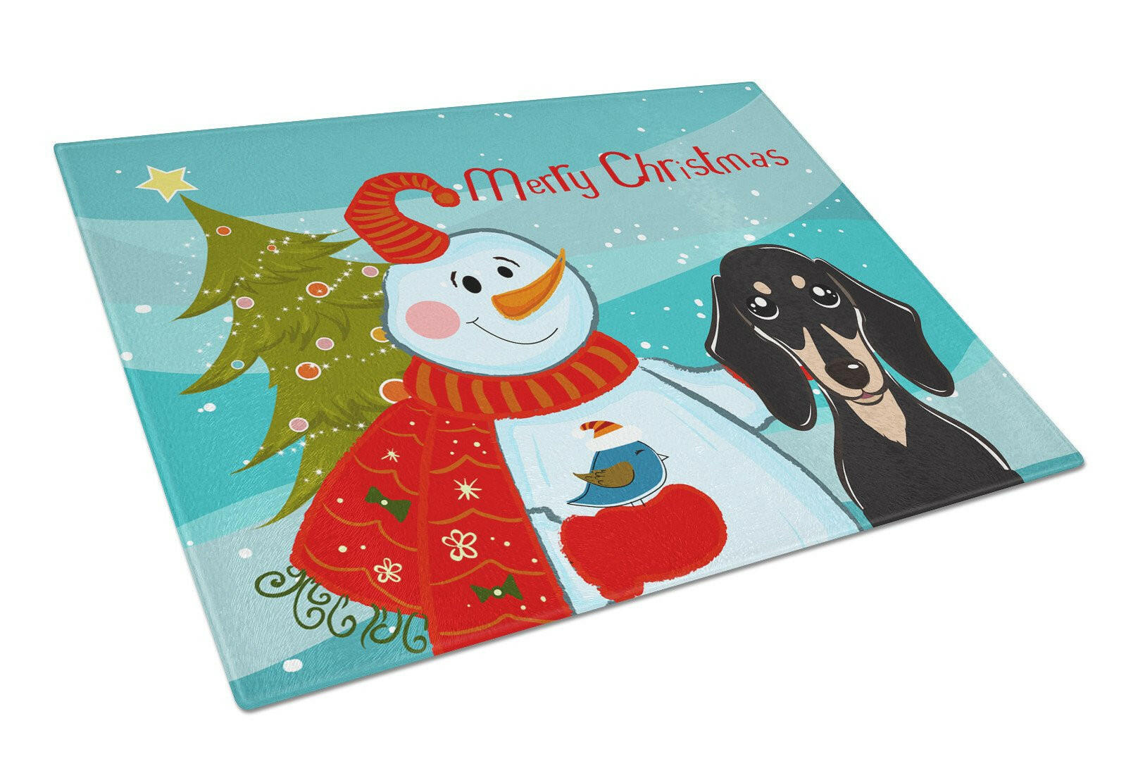 Snowman with Smooth Black and Tan Dachshund Glass Cutting Board Large BB1835LCB by Caroline's Treasures