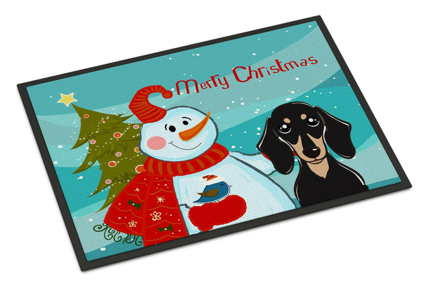 Snowman with Smooth Black and Tan Dachshund Indoor or Outdoor Mat 18x27 BB1835MAT - the-store.com