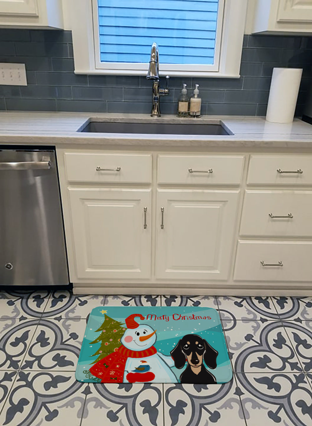 Snowman with Smooth Black and Tan Dachshund Machine Washable Memory Foam Mat BB1835RUG - the-store.com