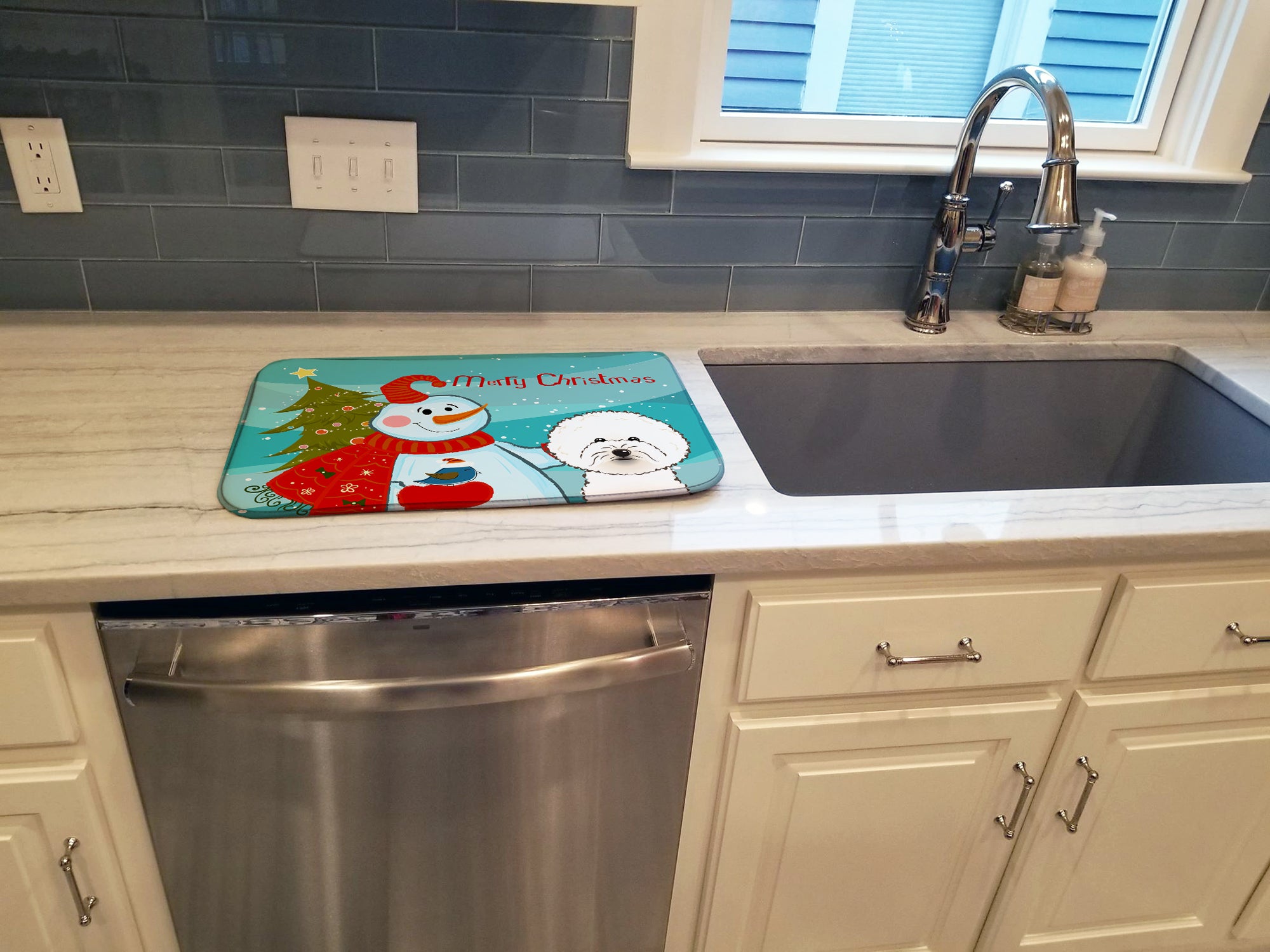 Snowman with Bichon Frise Dish Drying Mat BB1837DDM  the-store.com.