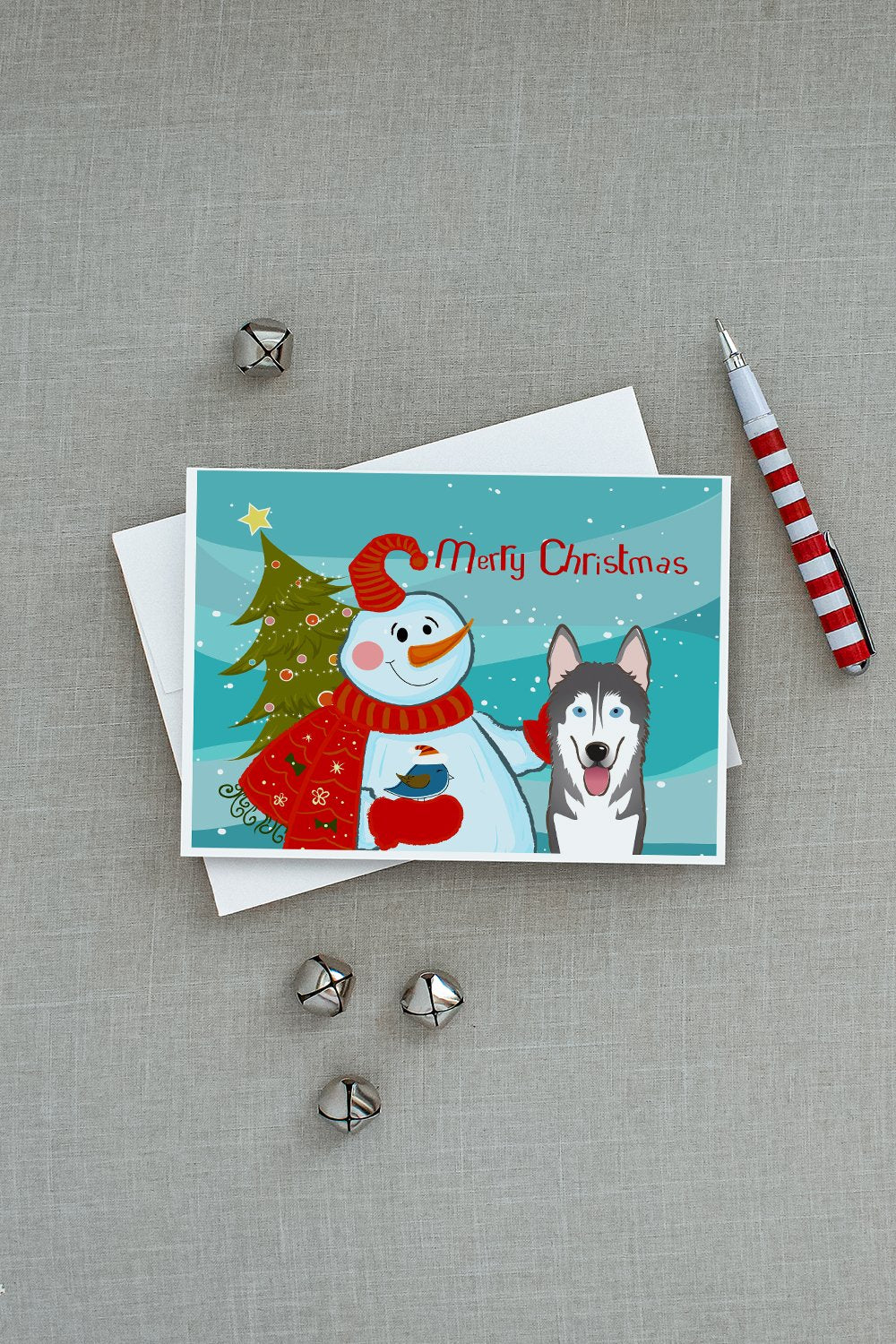 Snowman with Alaskan Malamute Greeting Cards and Envelopes Pack of 8 - the-store.com