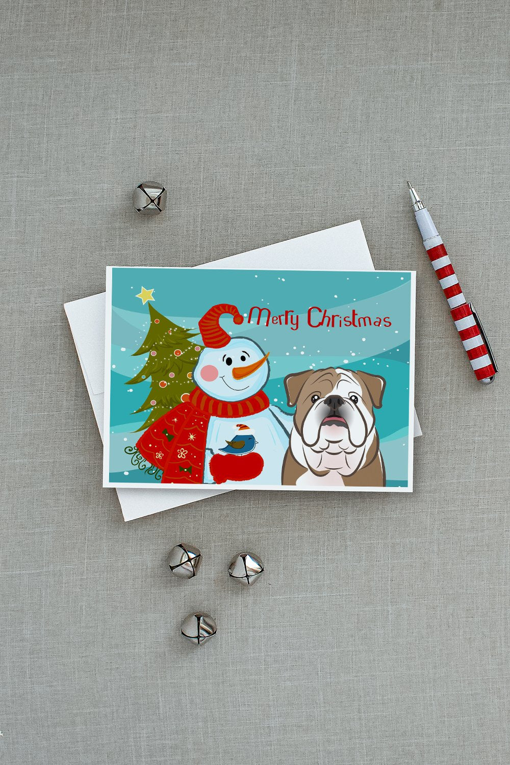 Snowman with English Bulldog  Greeting Cards and Envelopes Pack of 8 - the-store.com