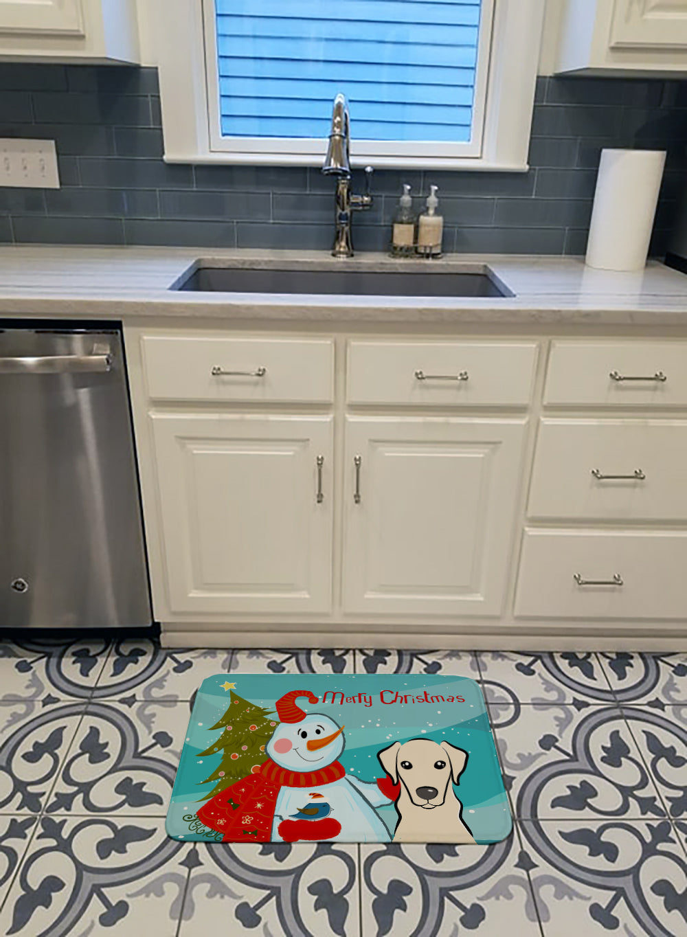 Snowman with Yellow Labrador Machine Washable Memory Foam Mat BB1842RUG - the-store.com