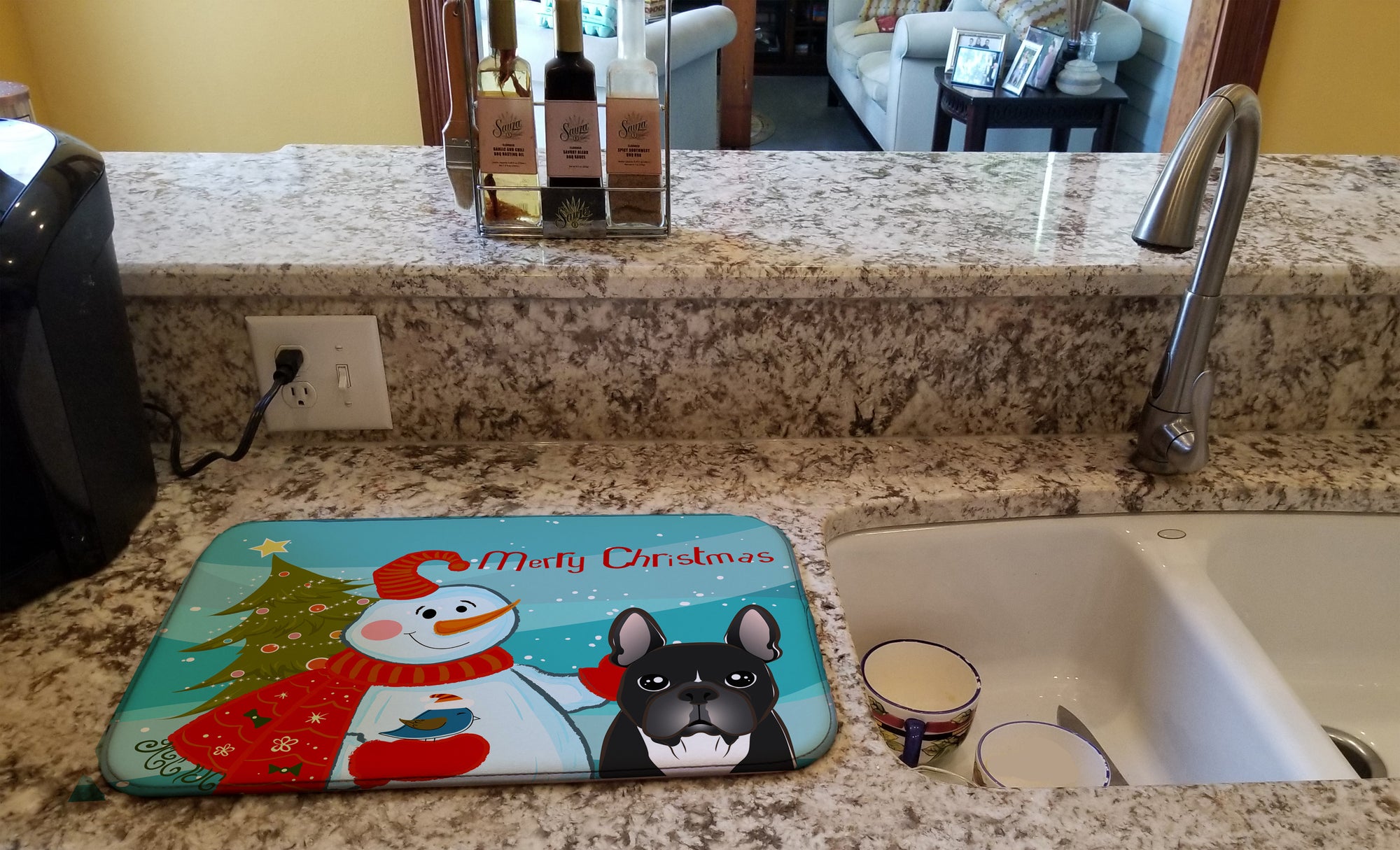Snowman with French Bulldog Dish Drying Mat BB1847DDM  the-store.com.