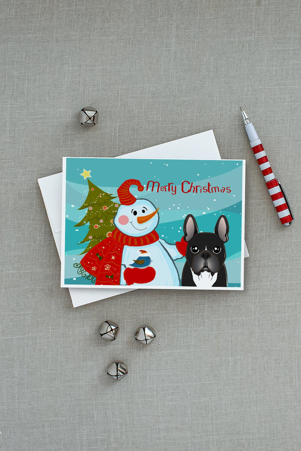 Snowman with French Bulldog Greeting Cards and Envelopes Pack of 8 - the-store.com