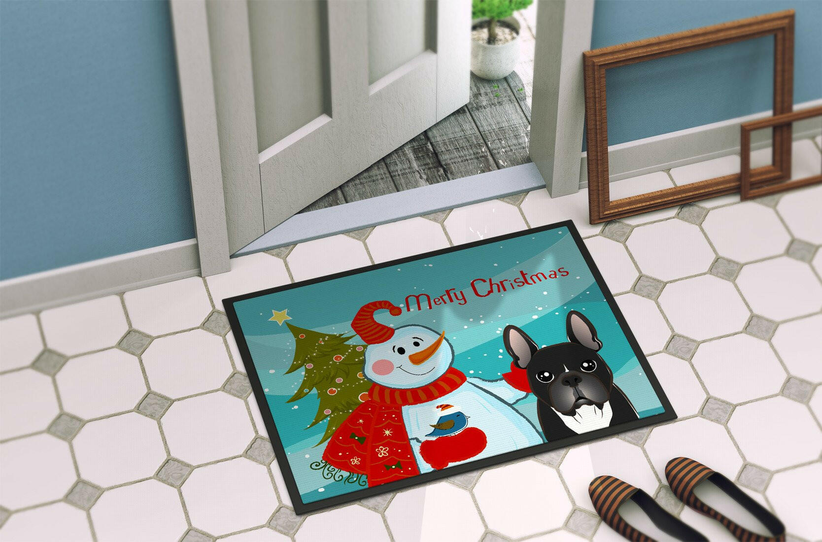 Snowman with French Bulldog Indoor or Outdoor Mat 24x36 BB1847JMAT - the-store.com