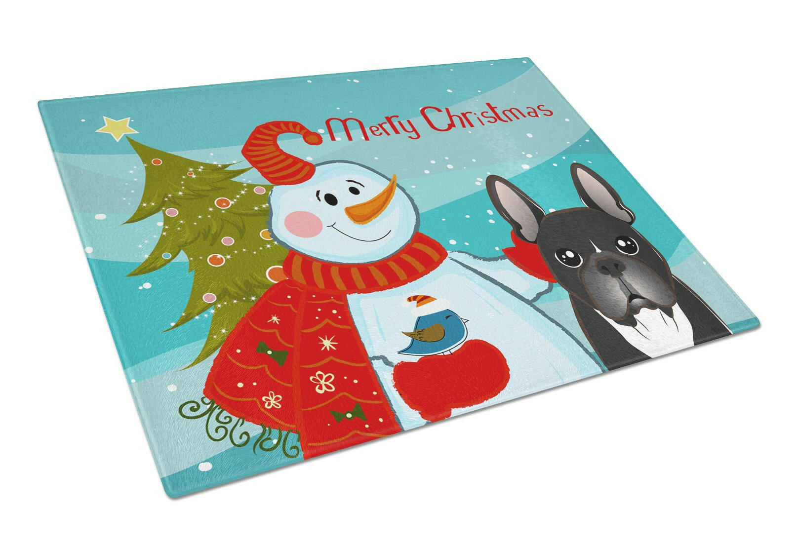 Snowman with French Bulldog Glass Cutting Board Large BB1847LCB by Caroline's Treasures