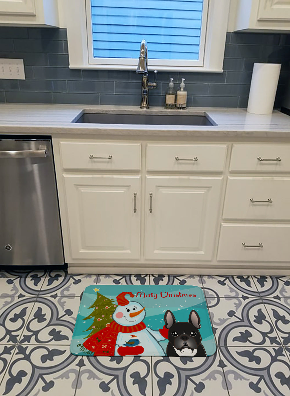 Snowman with French Bulldog Machine Washable Memory Foam Mat BB1847RUG - the-store.com