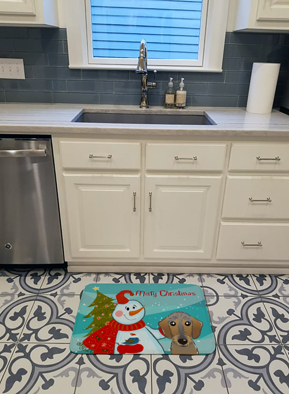 Snowman with Wirehaired Dachshund Machine Washable Memory Foam Mat BB1853RUG - the-store.com