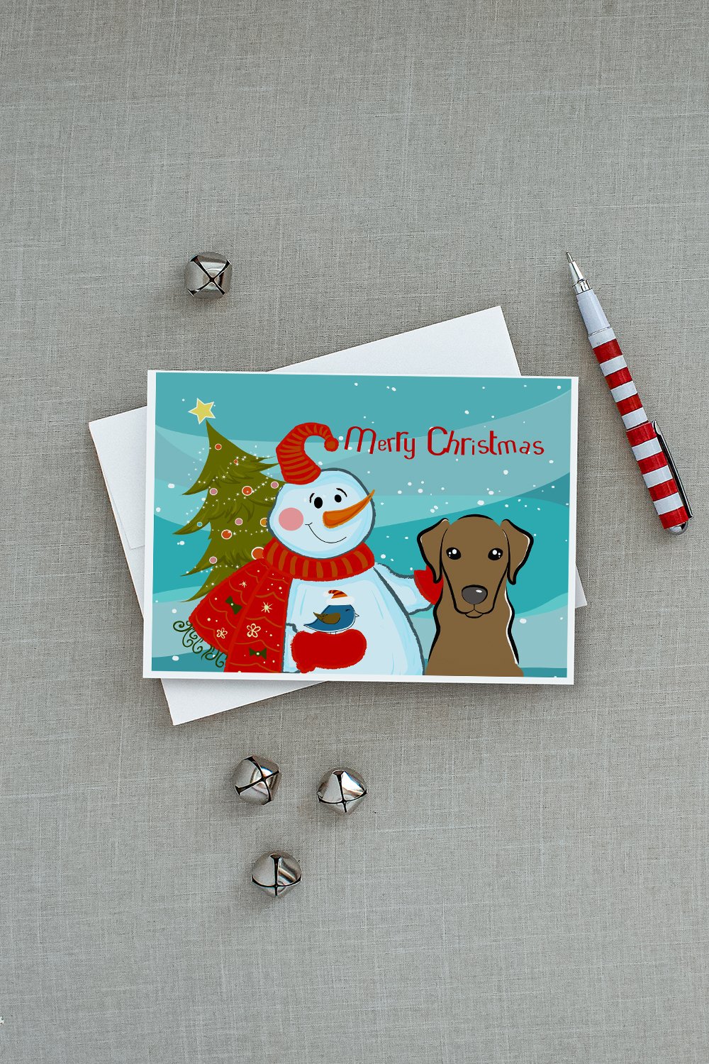 Snowman with Chocolate Labrador Greeting Cards and Envelopes Pack of 8 - the-store.com
