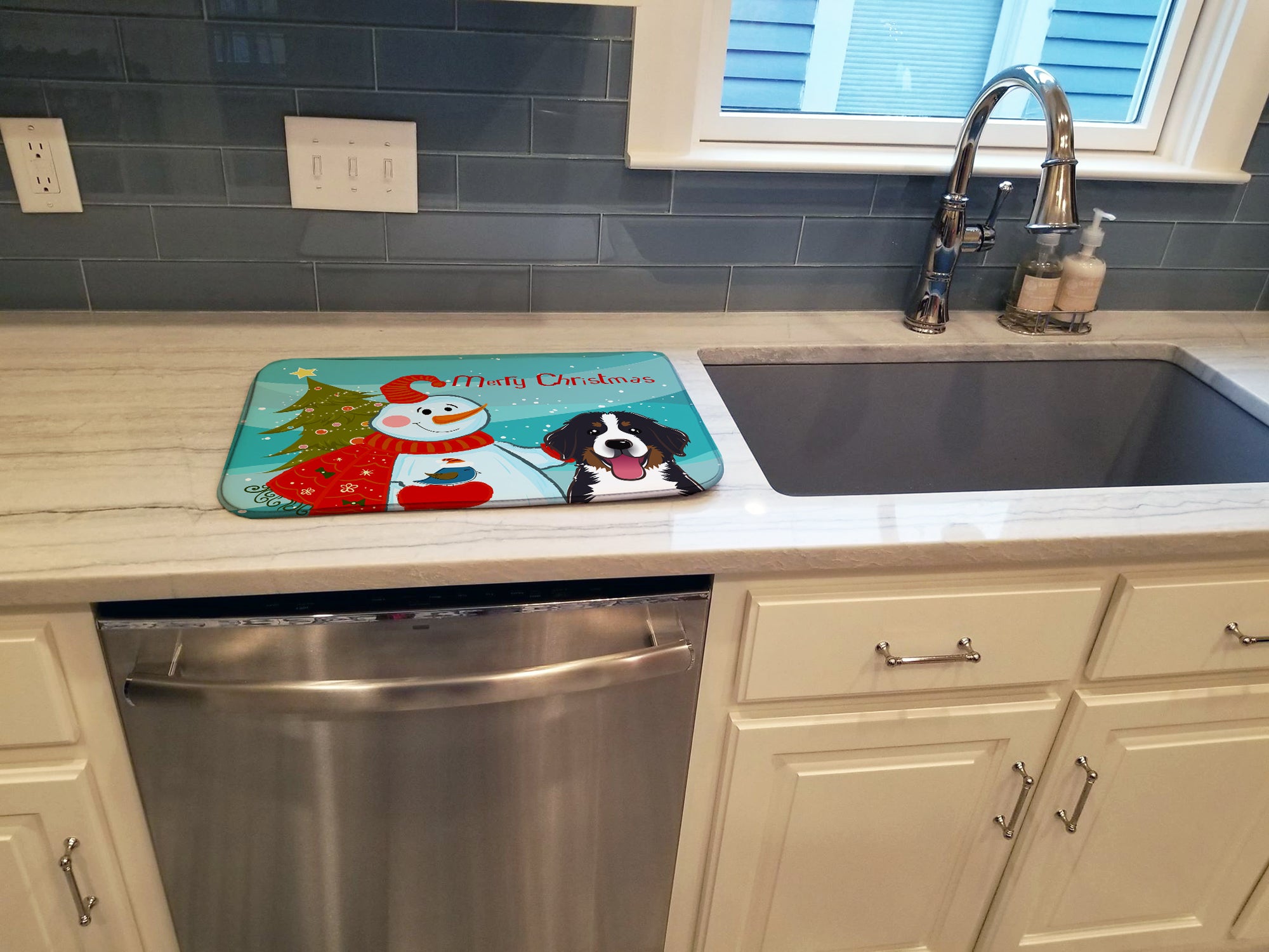 Snowman with Bernese Mountain Dog Dish Drying Mat BB1857DDM  the-store.com.