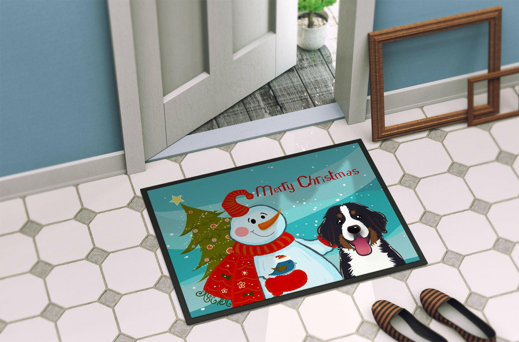 Snowman with Bernese Mountain Dog Indoor or Outdoor Mat 18x27 BB1857MAT - the-store.com
