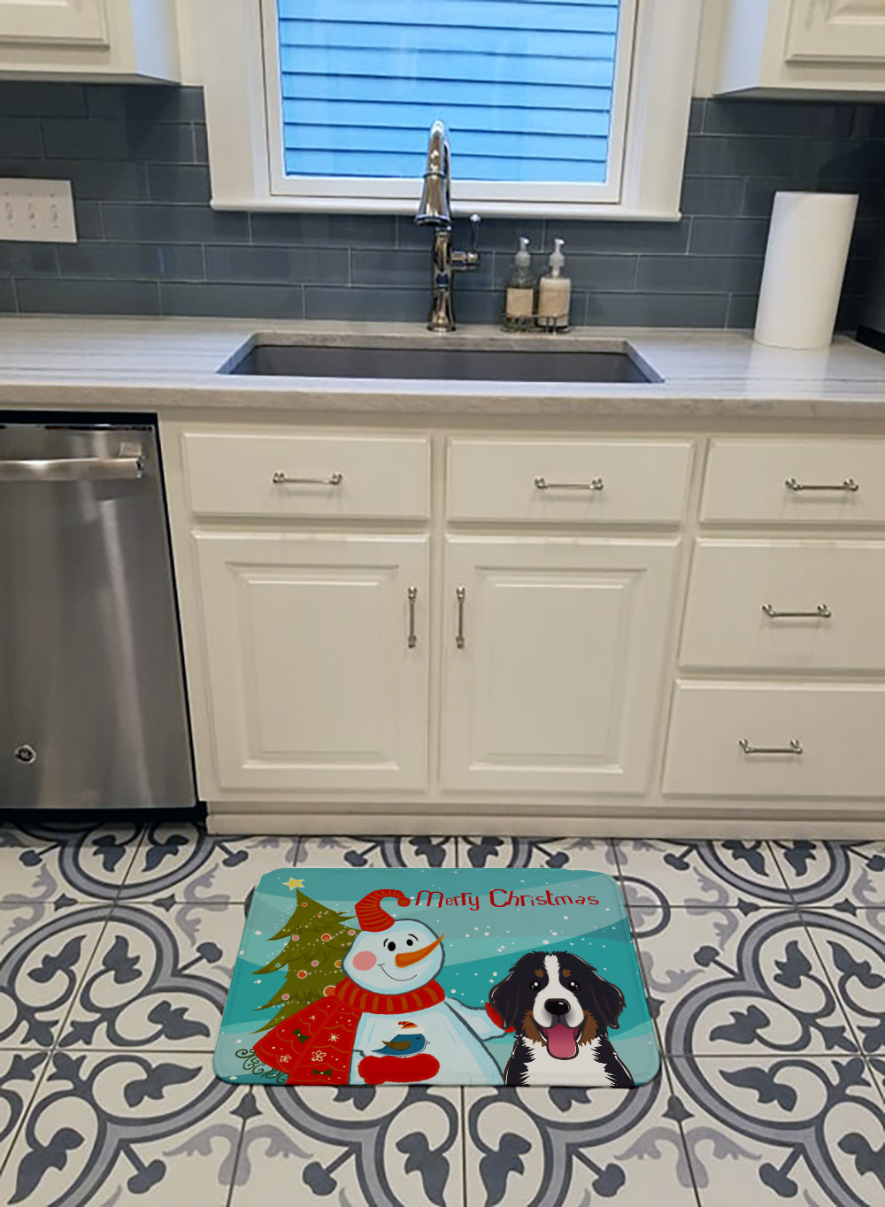Snowman with Bernese Mountain Dog Machine Washable Memory Foam Mat BB1857RUG - the-store.com