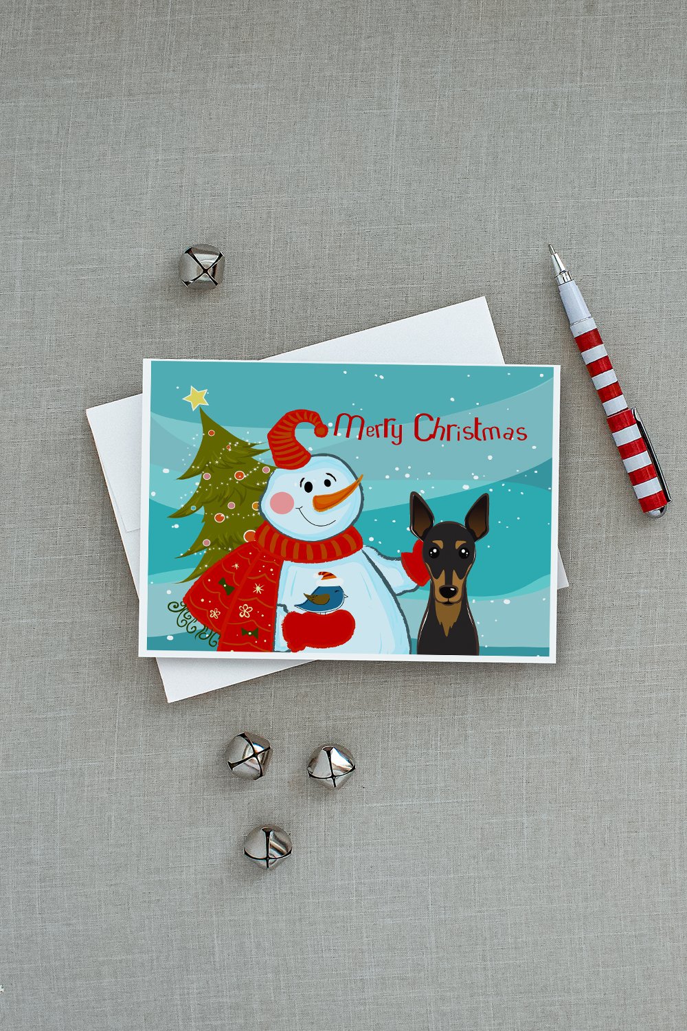 Snowman with Min Pin Greeting Cards and Envelopes Pack of 8 - the-store.com