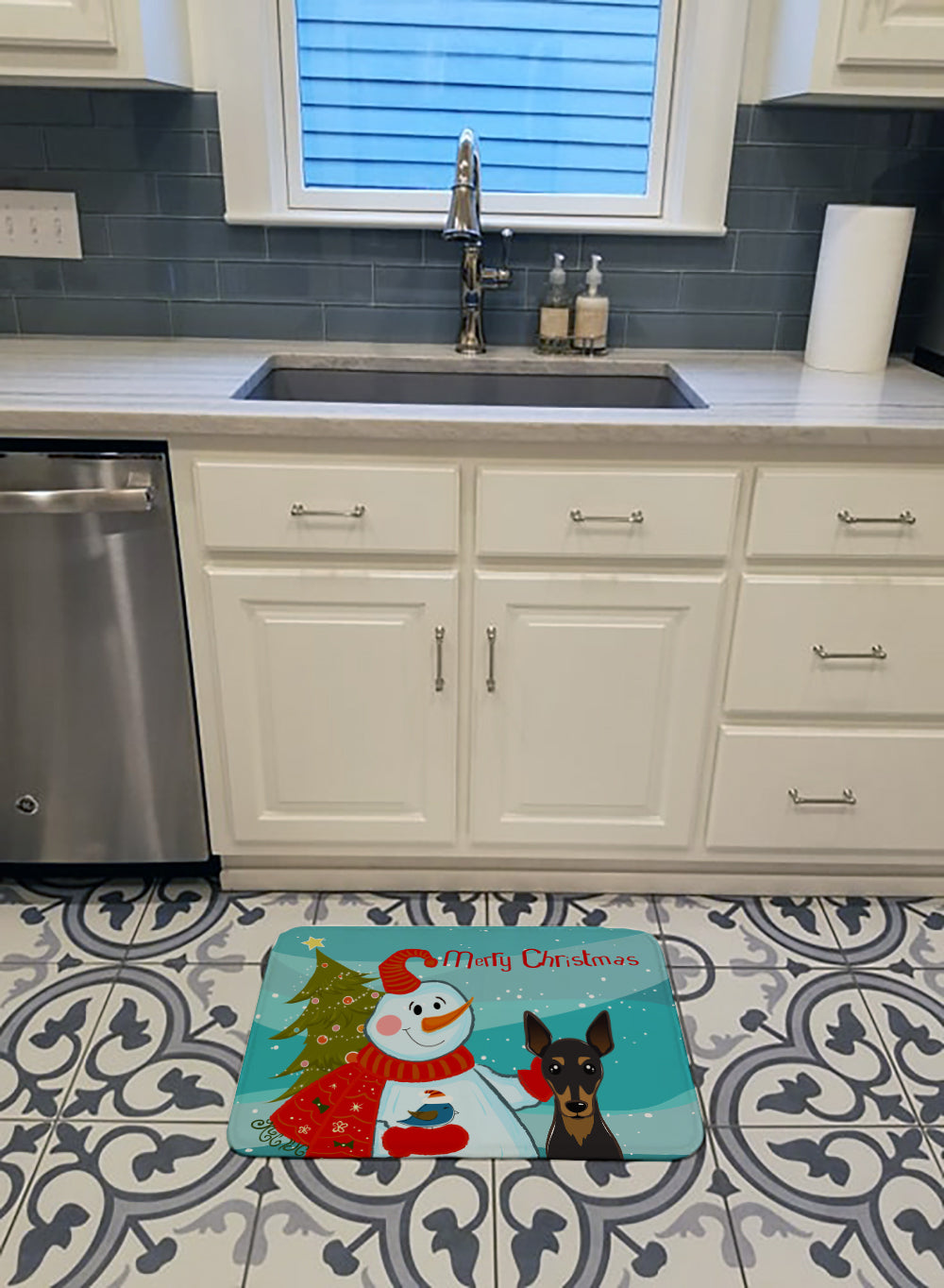Snowman with Min Pin Machine Washable Memory Foam Mat BB1860RUG - the-store.com
